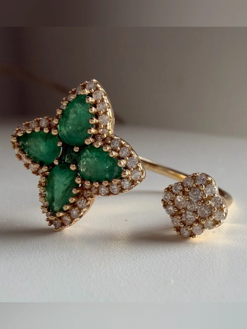 14K yellow gold Clover open ring .4ct diamond 1.4ct emerald